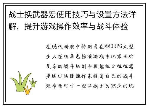 战士换武器宏使用技巧与设置方法详解，提升游戏操作效率与战斗体验